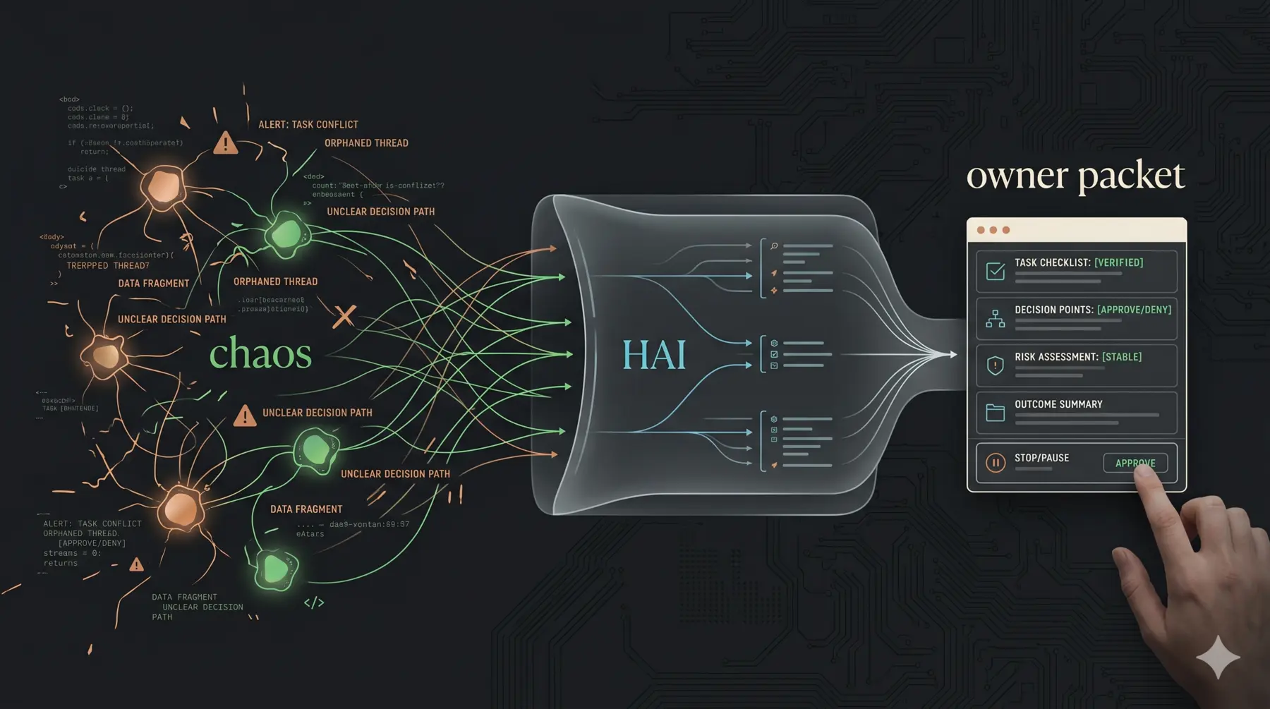 Illustration: Human Agent Interface turns agent chaos into structured work a human can still own